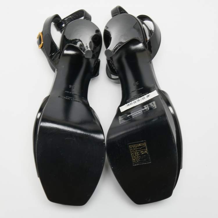 Pre Owned Saint Laurent Paris Black Patent Leather Tribute Lips Platform Ankle Strap Sandals Size 39