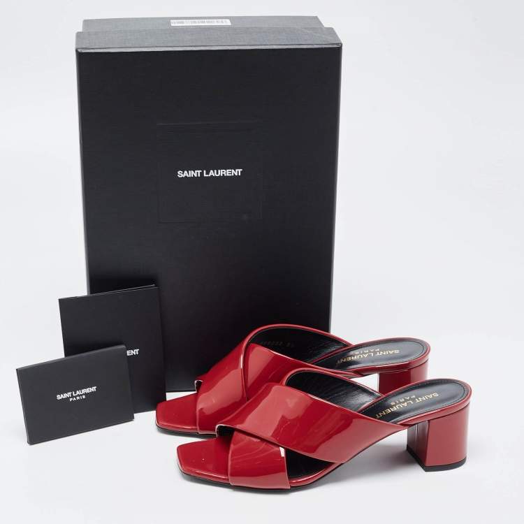 Pre Owned Saint Laurent Red Patent Leather Loulou Criss Cross Slide Sandals Size 38