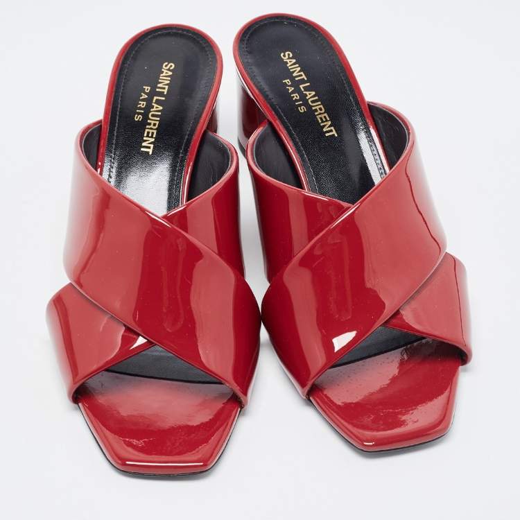 Pre Owned Saint Laurent Red Patent Leather Loulou Criss Cross Slide Sandals Size 38