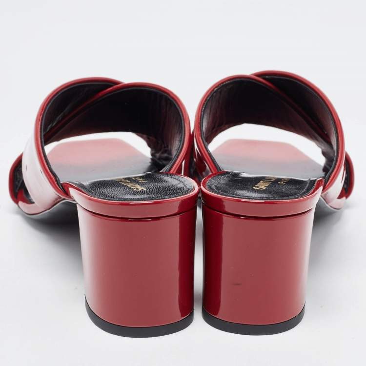 Pre Owned Saint Laurent Red Patent Leather Loulou Criss Cross Slide Sandals Size 38