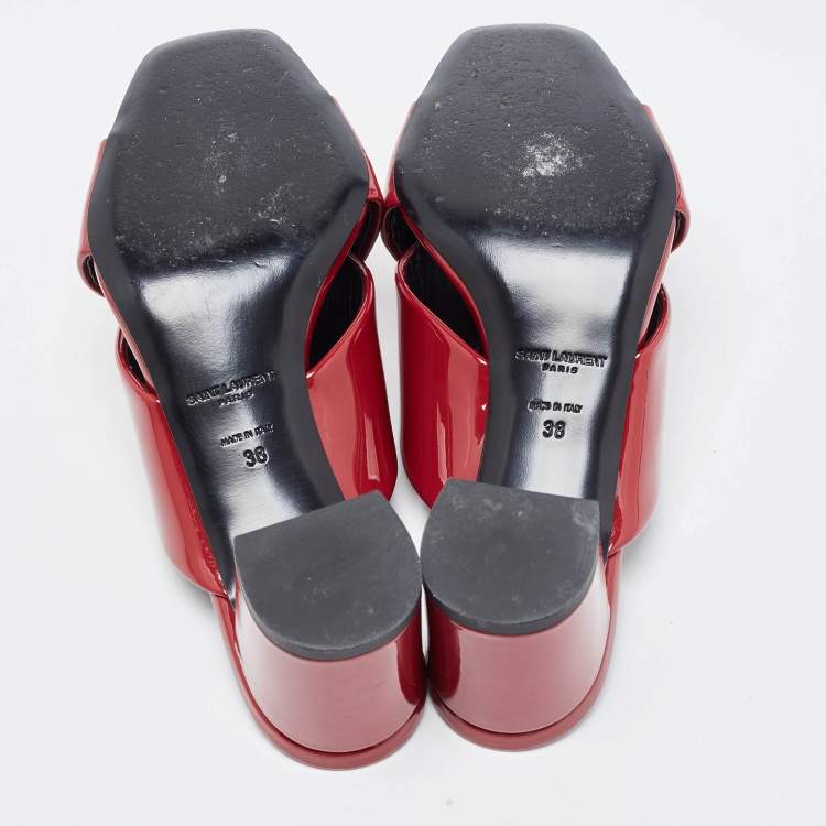 Pre Owned Saint Laurent Red Patent Leather Loulou Criss Cross Slide Sandals Size 38