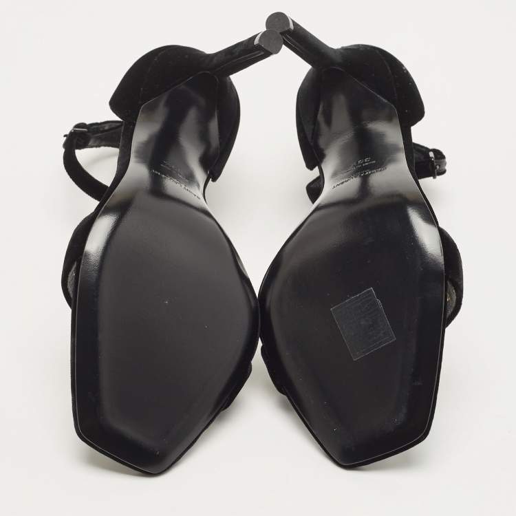 Pre Owned Saint Laurent Black Velvet Amber Ankle Strap Sandals Size 39.5