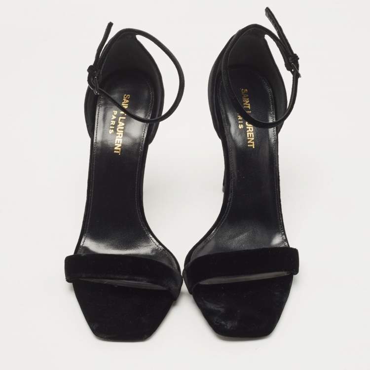Pre Owned Saint Laurent Black Velvet Amber Ankle Strap Sandals Size 39.5