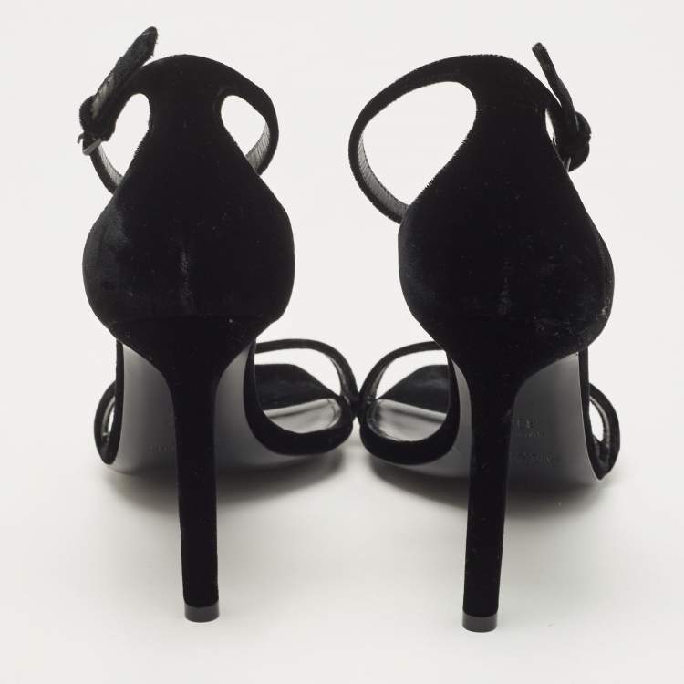 Pre Owned Saint Laurent Black Velvet Amber Ankle Strap Sandals Size 39.5