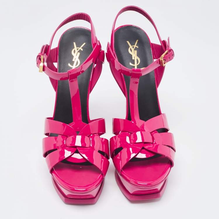 Pre Owned Saint Laurent Paris Pink Leather Tribute Platform Sandals Size 40.5