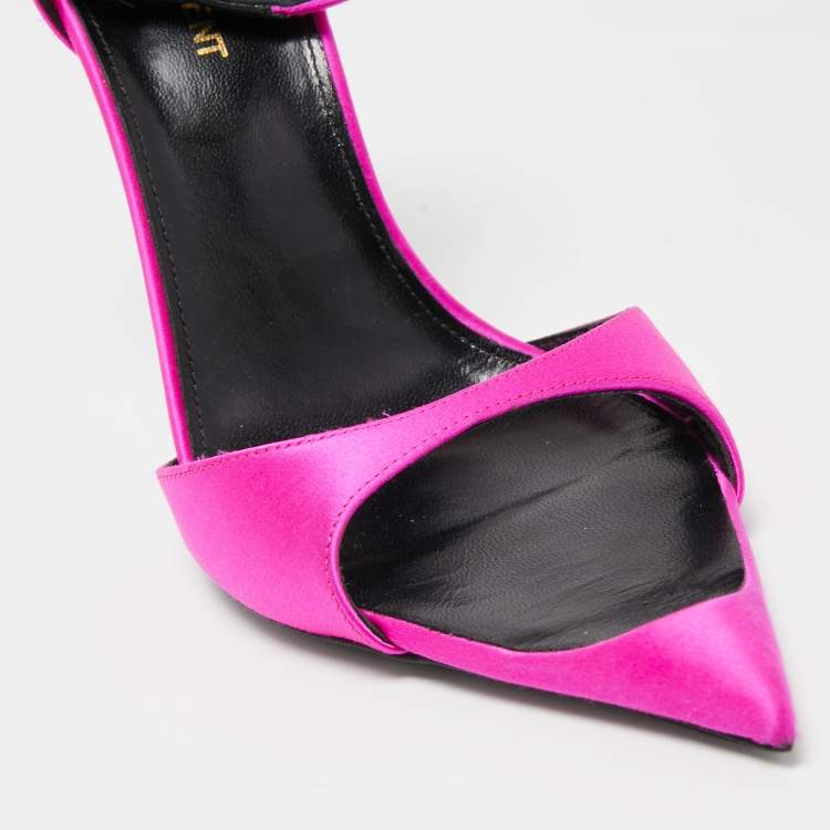 Pre Owned Saint Laurent Pink Satin Ankle Strap Cutout Toe Pumps Size 39.5