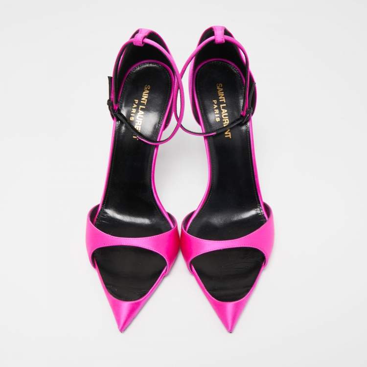 Pre Owned Saint Laurent Pink Satin Ankle Strap Cutout Toe Pumps Size 39.5