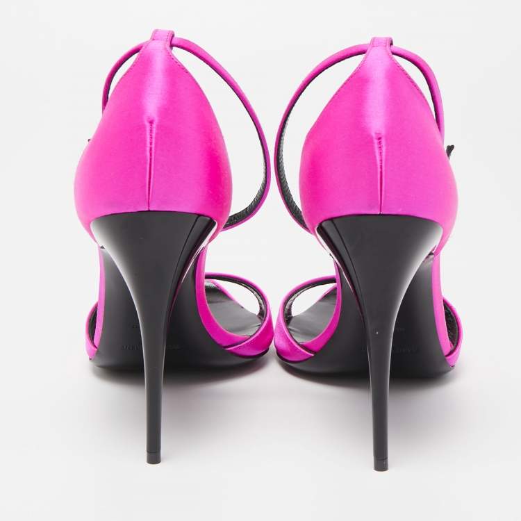 Pre Owned Saint Laurent Pink Satin Ankle Strap Cutout Toe Pumps Size 39.5