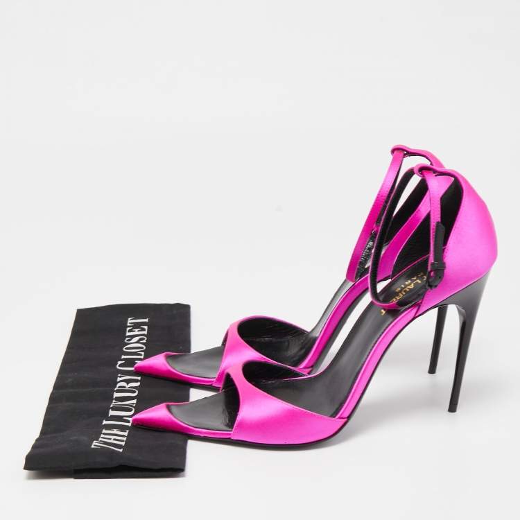 Pre Owned Saint Laurent Pink Satin Ankle Strap Cutout Toe Pumps Size 39.5