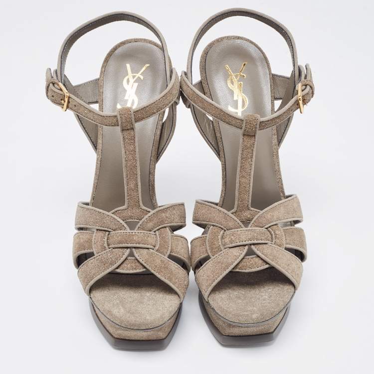 مملوكة مسبقًا Saint Laurent Grey Glitter Suede Tribute Platform Sandals Size 38.5