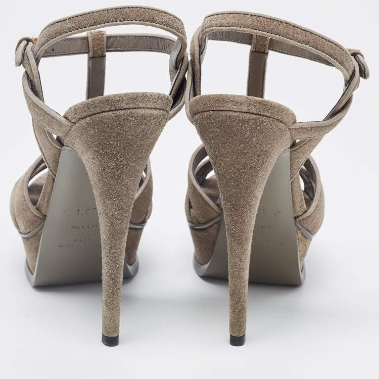 مملوكة مسبقًا Saint Laurent Grey Glitter Suede Tribute Platform Sandals Size 38.5