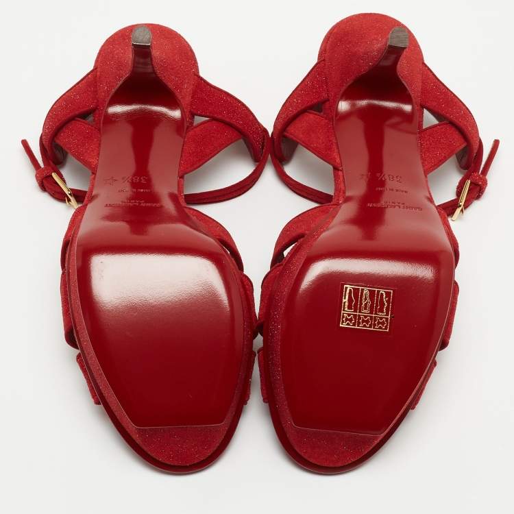 Pre Owned Saint Laurent Red Glitter Suede Tribute Platform Sandals Size 38.5
