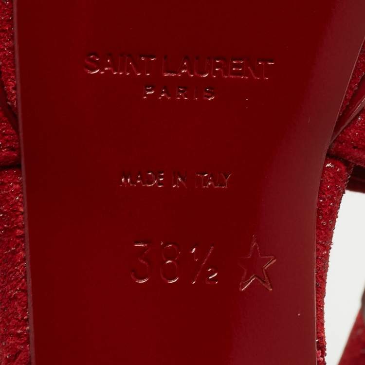 Pre Owned Saint Laurent Red Glitter Suede Tribute Platform Sandals Size 38.5