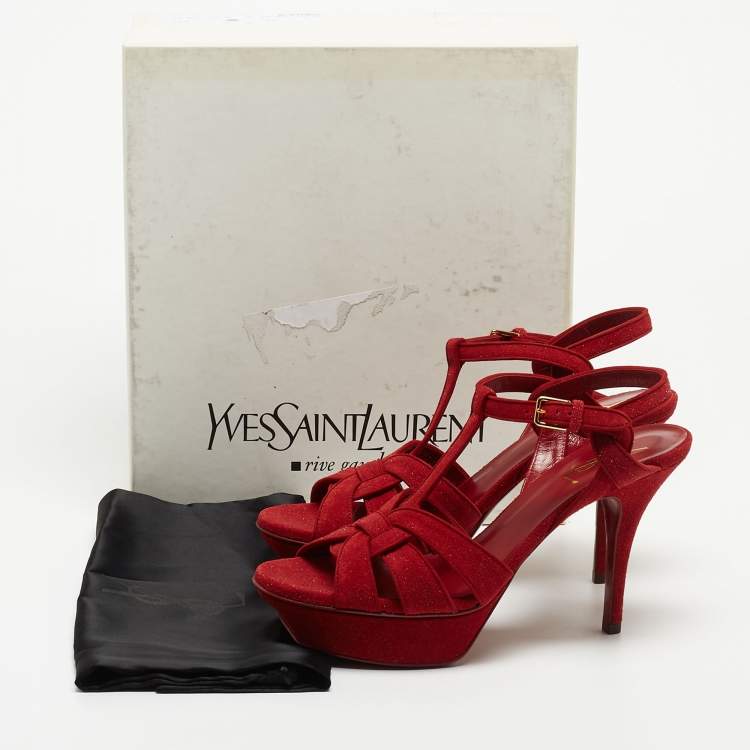 Pre Owned Saint Laurent Red Glitter Suede Tribute Platform Sandals Size 38.5