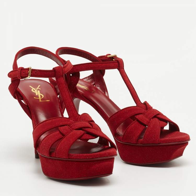 Pre Owned Saint Laurent Red Glitter Suede Tribute Platform Sandals Size 38.5