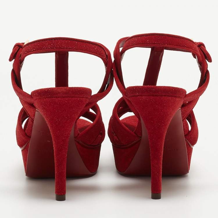 Pre Owned Saint Laurent Red Glitter Suede Tribute Platform Sandals Size 38.5