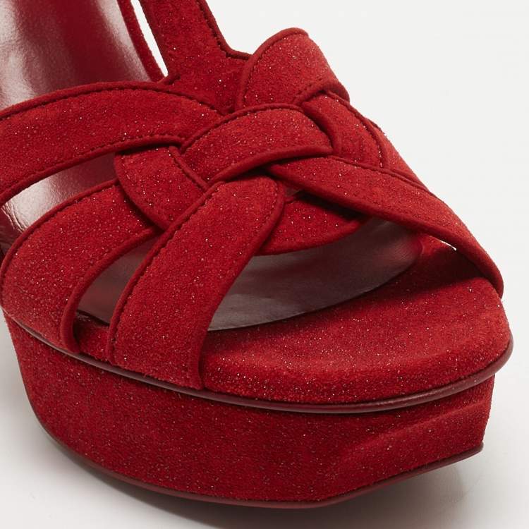 Pre Owned Saint Laurent Red Glitter Suede Tribute Platform Sandals Size 38.5