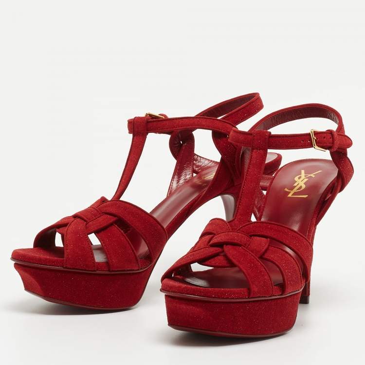 Pre Owned Saint Laurent Red Glitter Suede Tribute Platform Sandals Size 38.5