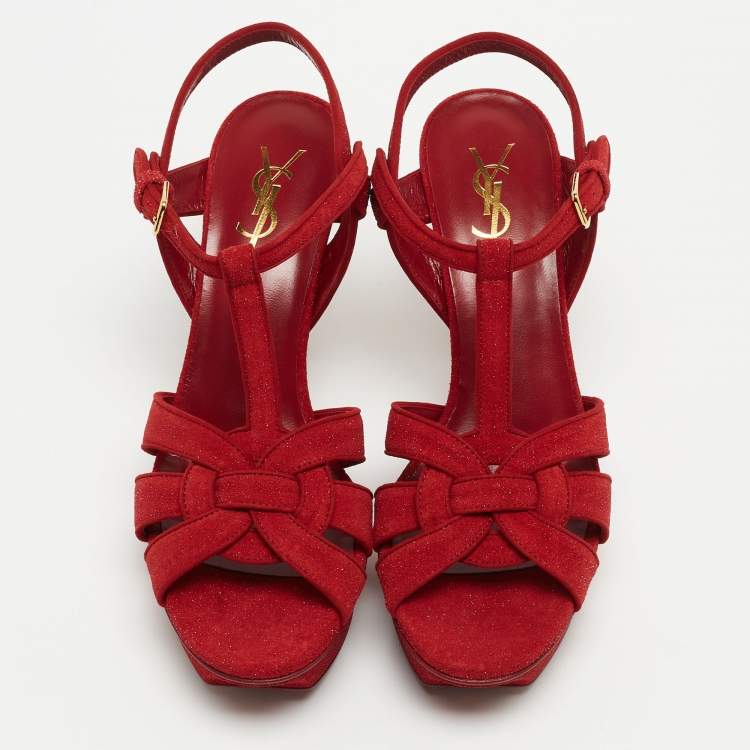 Pre Owned Saint Laurent Red Glitter Suede Tribute Platform Sandals Size 38.5