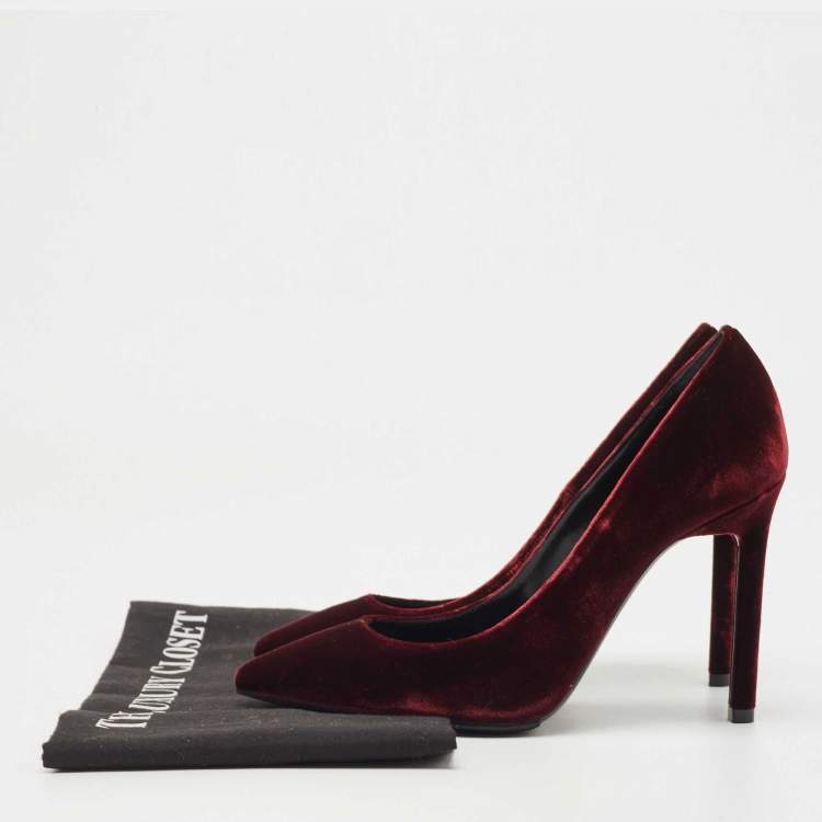 Pre Owned Saint Laurent Burgundy Velvet Pointed Toe Pumps Size 35.5