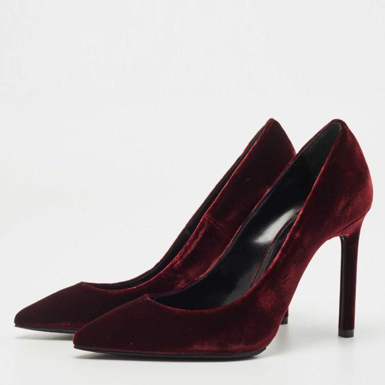 Pre Owned Saint Laurent Burgundy Velvet Pointed Toe Pumps Size 35.5