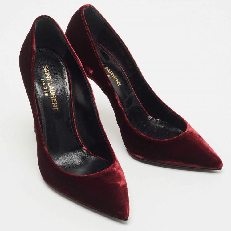 Pre Owned Saint Laurent Burgundy Velvet Pointed Toe Pumps Size 35.5