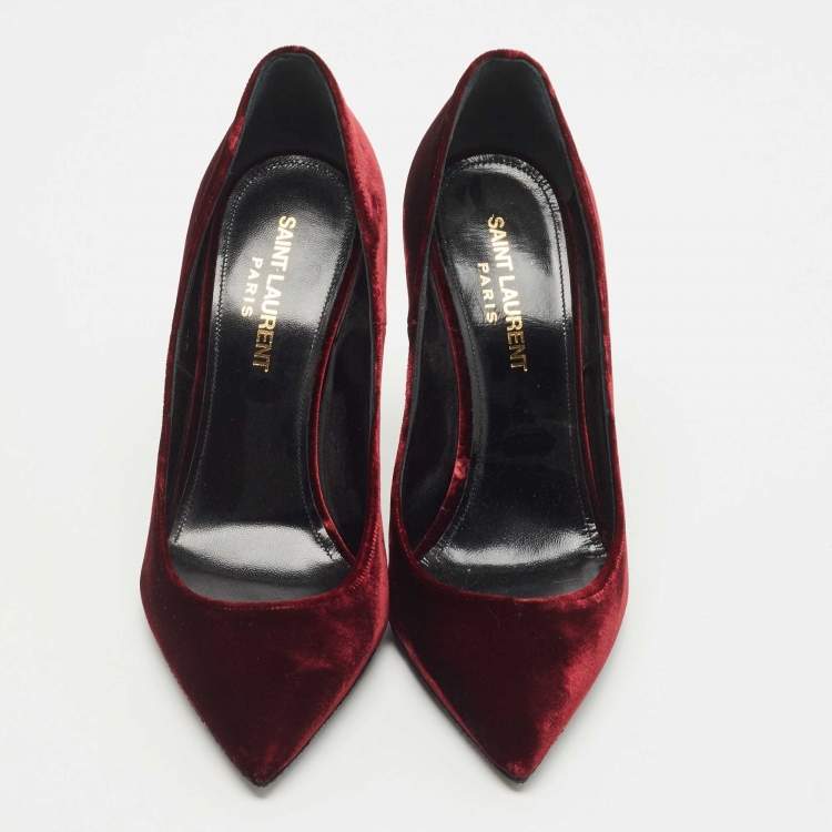 Pre Owned Saint Laurent Burgundy Velvet Pointed Toe Pumps Size 35.5