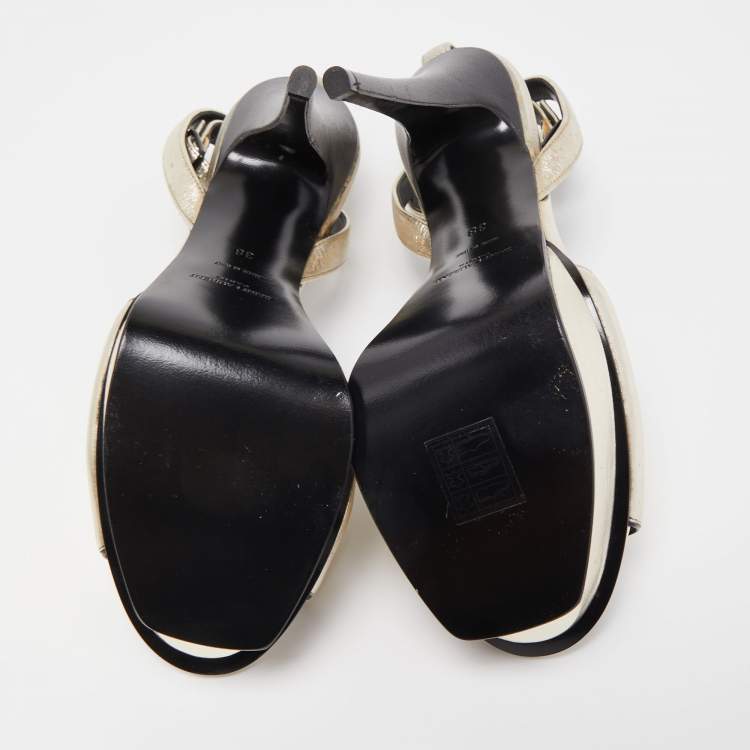 Pre Owned Saint Laurent Metallic Leather Lips Ankle Strap Sandals Size 38