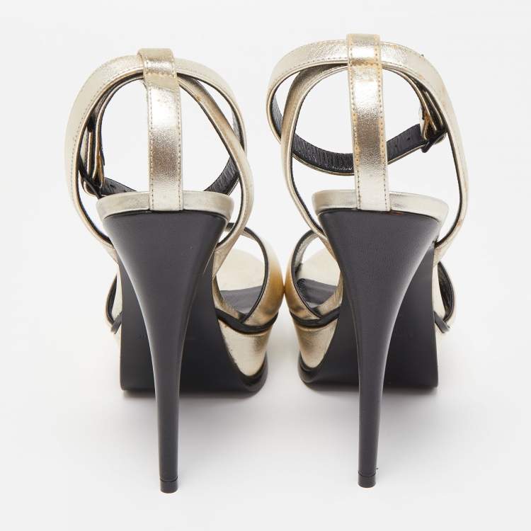 Pre Owned Saint Laurent Metallic Leather Lips Ankle Strap Sandals Size 38