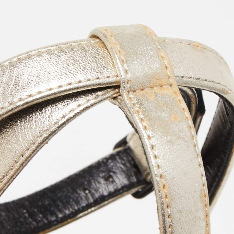 Pre Owned Saint Laurent Metallic Leather Lips Ankle Strap Sandals Size 38