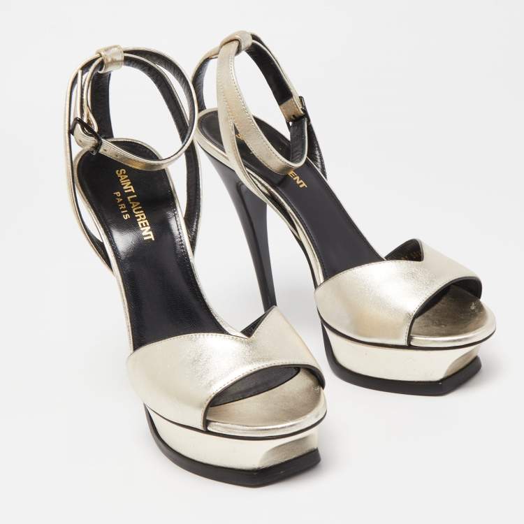 Pre Owned Saint Laurent Metallic Leather Lips Ankle Strap Sandals Size 38