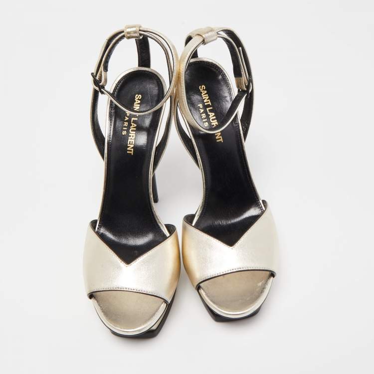 Pre Owned Saint Laurent Metallic Leather Lips Ankle Strap Sandals Size 38
