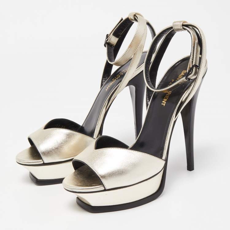 Pre Owned Saint Laurent Metallic Leather Lips Ankle Strap Sandals Size 38