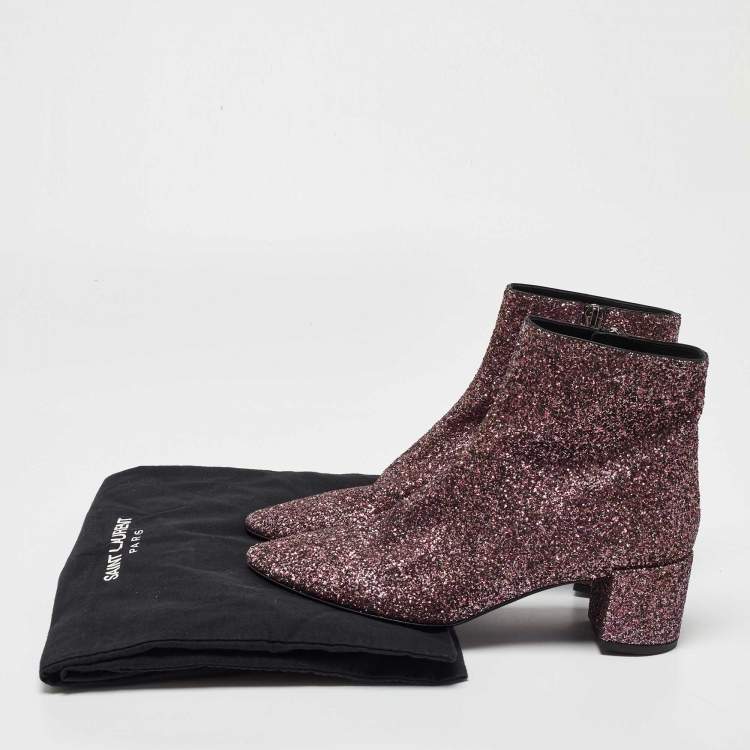Pre Owned Saint Laurent Purple Coarse Glitter Lou Ankle Boots Size 38