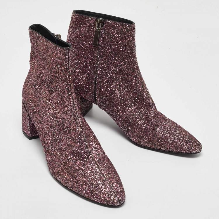 Pre Owned Saint Laurent Purple Coarse Glitter Lou Ankle Boots Size 38