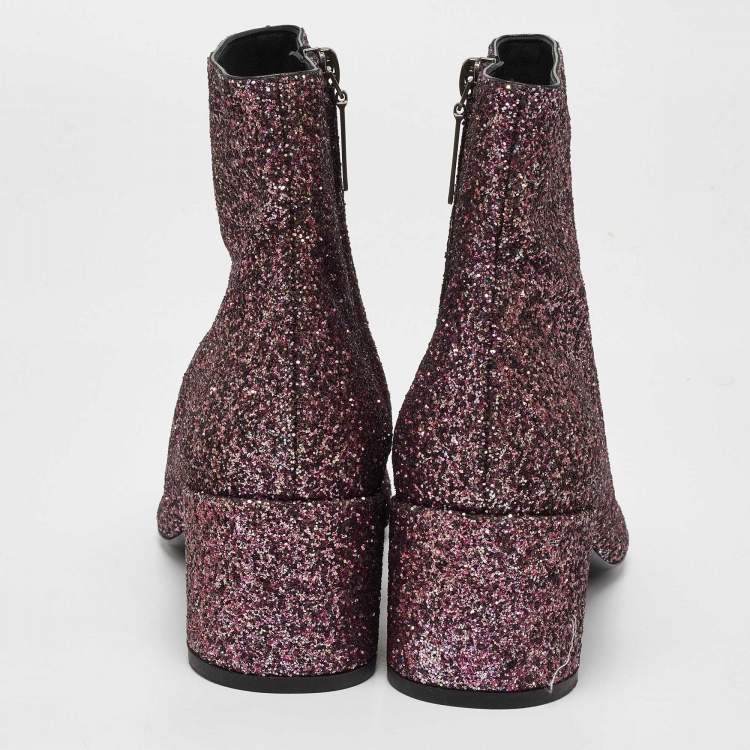 Pre Owned Saint Laurent Purple Coarse Glitter Lou Ankle Boots Size 38