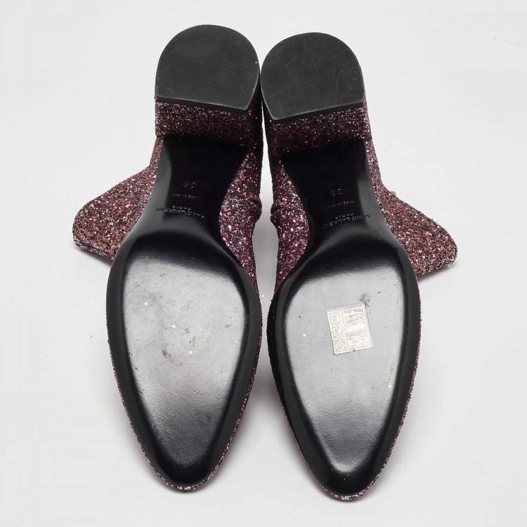 Pre Owned Saint Laurent Purple Coarse Glitter Lou Ankle Boots Size 38