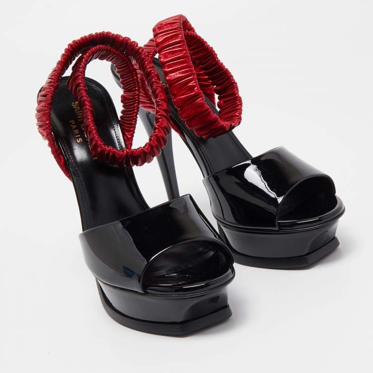 Pre Owned Saint Laurent Black Patent Leather Platform Ankle Wrap Sandals Size 36.5