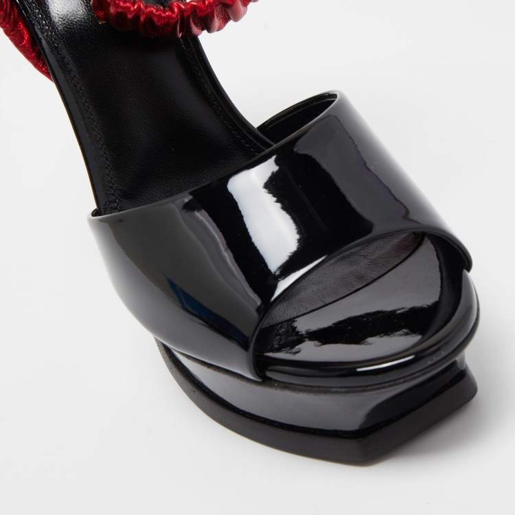 Pre Owned Saint Laurent Black Patent Leather Platform Ankle Wrap Sandals Size 36.5