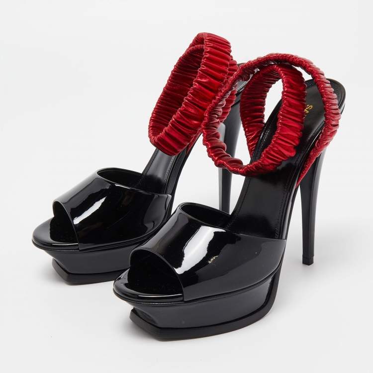 Pre Owned Saint Laurent Black Patent Leather Platform Ankle Wrap Sandals Size 36.5