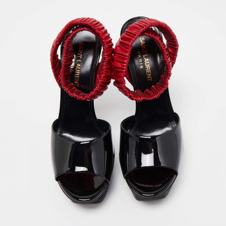 Pre Owned Saint Laurent Black Patent Leather Platform Ankle Wrap Sandals Size 36.5
