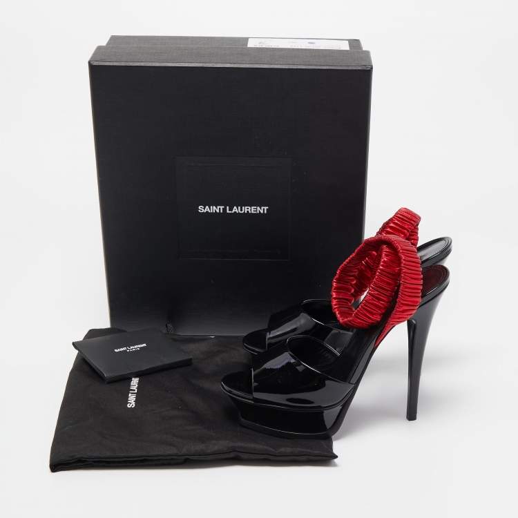 Pre Owned Saint Laurent Black Patent Leather Platform Ankle Wrap Sandals Size 36.5