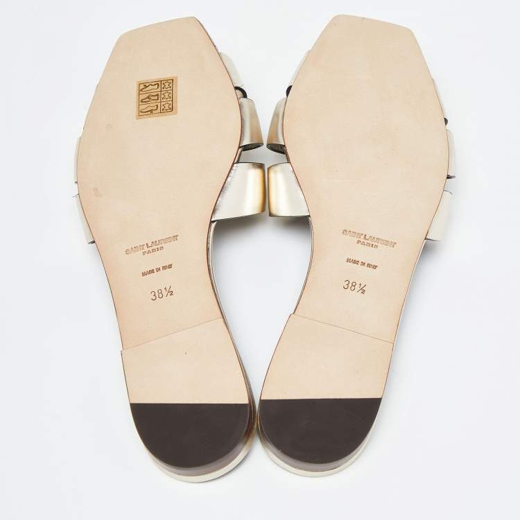 Pre Owned Saint Laurent Gold Leather Tribute Flat Slides Size 38.5 