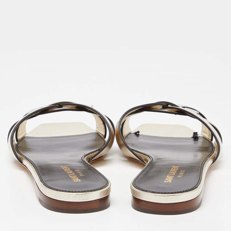 Pre Owned Saint Laurent Gold Leather Tribute Flat Slides Size 38.5 