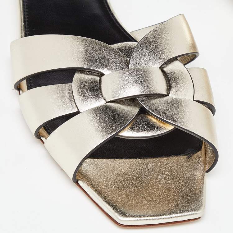 Pre Owned Saint Laurent Gold Leather Tribute Flat Slides Size 38.5 