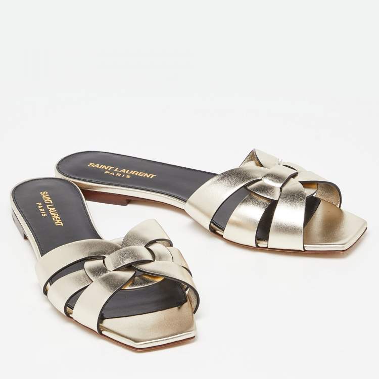 Pre Owned Saint Laurent Gold Leather Tribute Flat Slides Size 38.5 