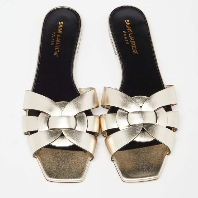 Pre Owned Saint Laurent Gold Leather Tribute Flat Slides Size 38.5 