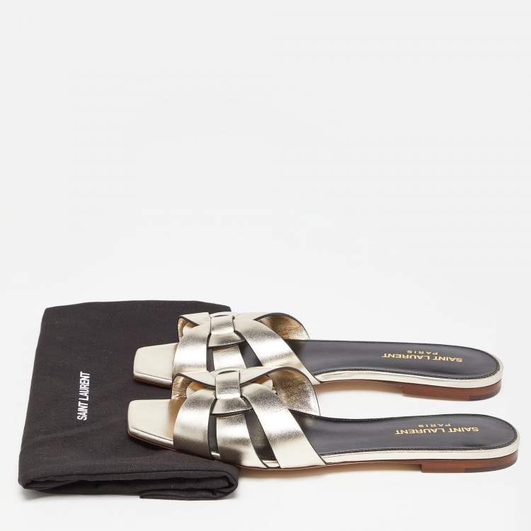 Pre Owned Saint Laurent Gold Leather Tribute Flat Slides Size 38.5 