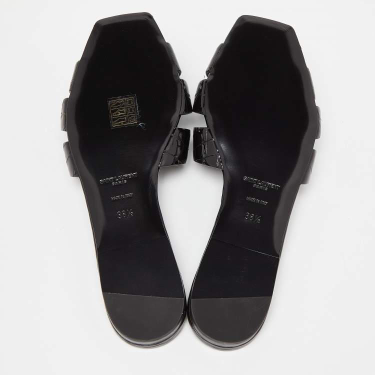 Pre Owned Saint Laurent Black Croc Embossed Patent Leather Tribute Flat Slides Size 38.5