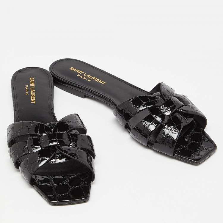 Pre Owned Saint Laurent Black Croc Embossed Patent Leather Tribute Flat Slides Size 38.5